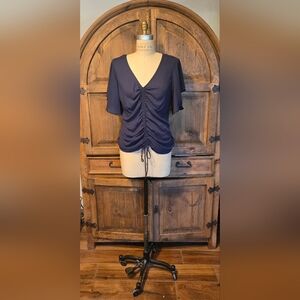 INC navy flutter sleeve mixed media blouse